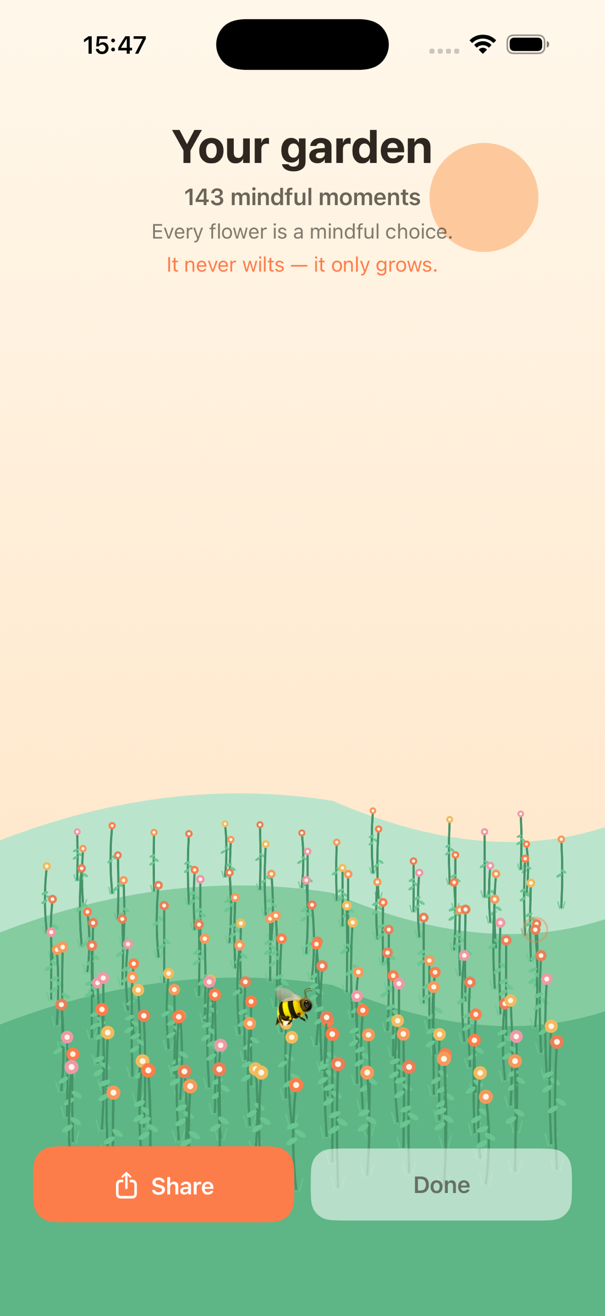 MindfulPause garden screen: a field of flowers that grows with every mindful choice