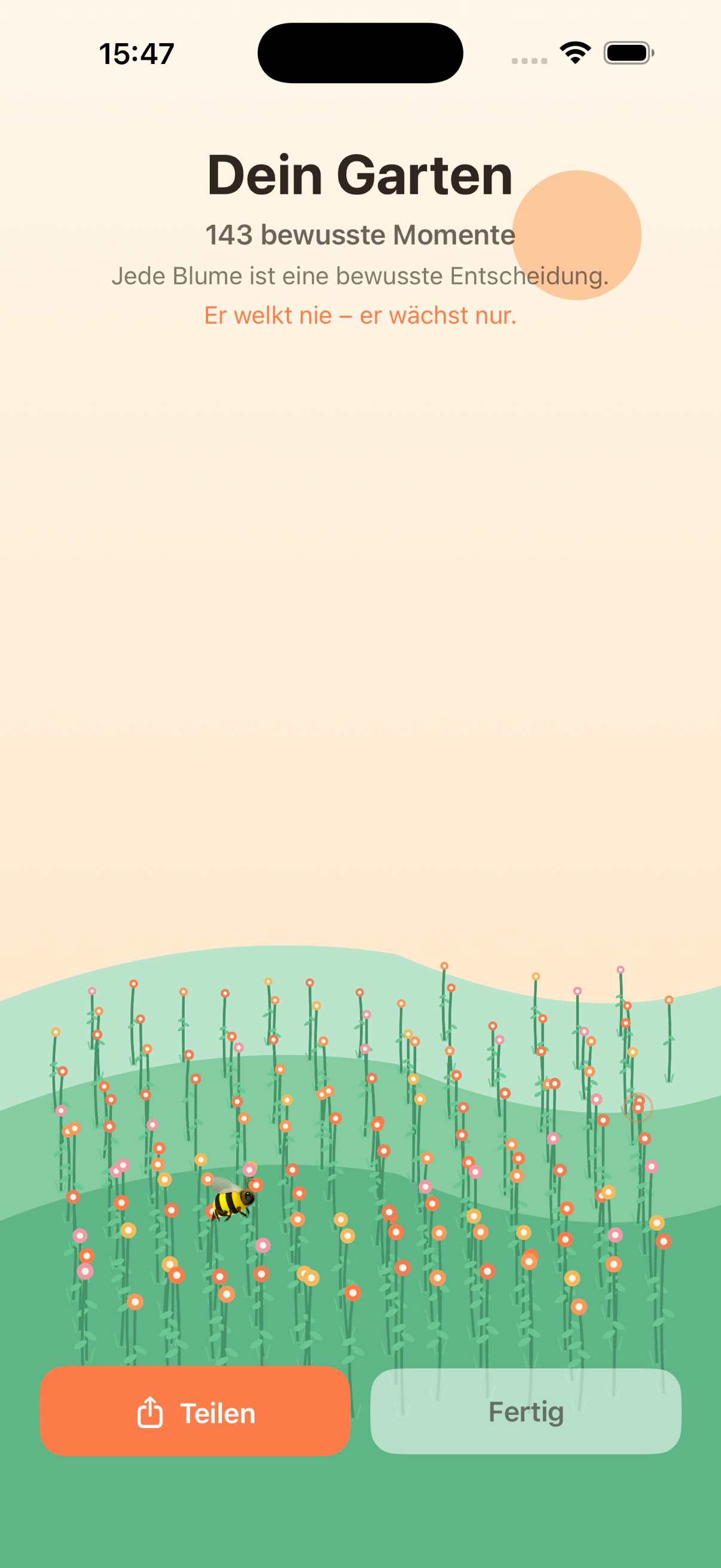 MindfulPause Garten-Screen: ein Blumenfeld, das mit jeder bewussten Entscheidung wächst