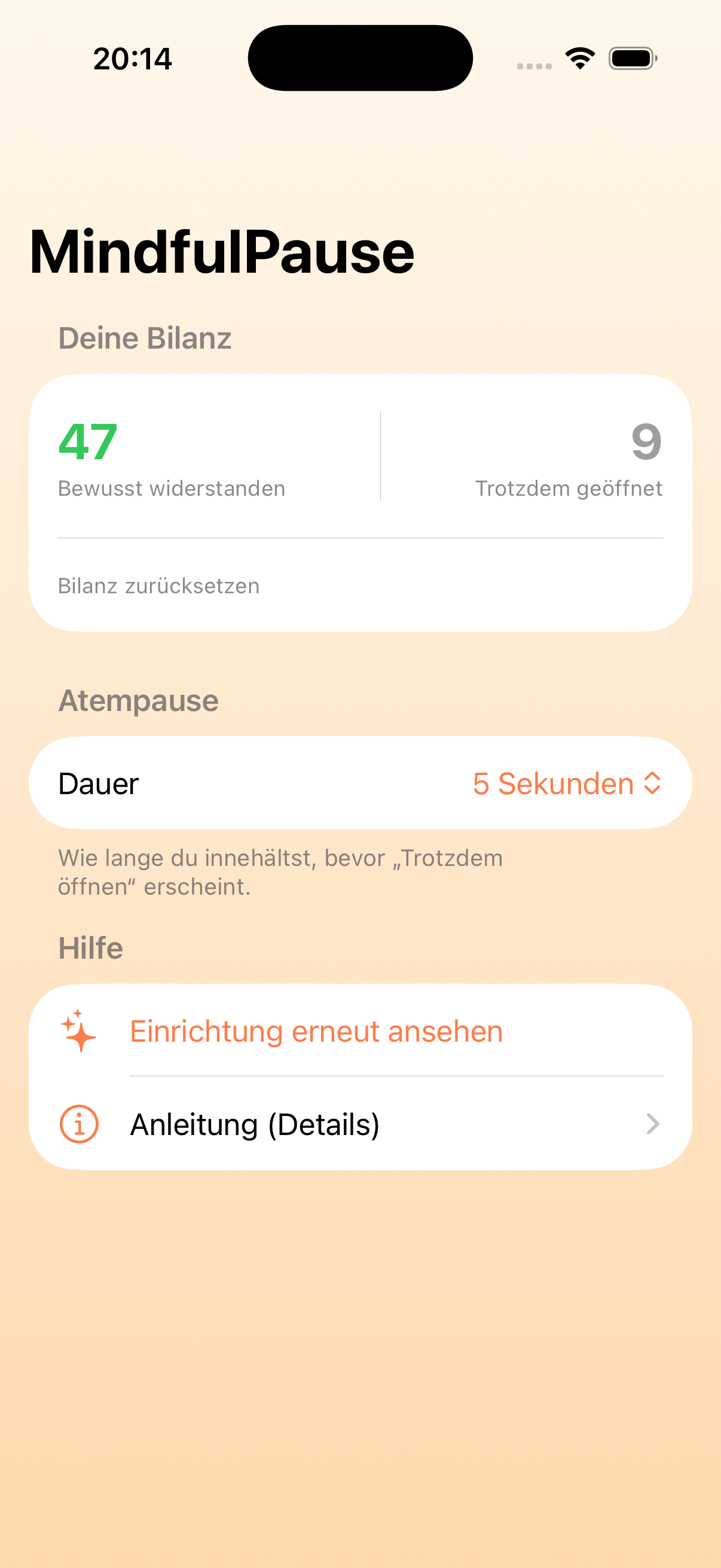 MindfulPause Bilanz-Screen: 47-mal bewusst widerstanden